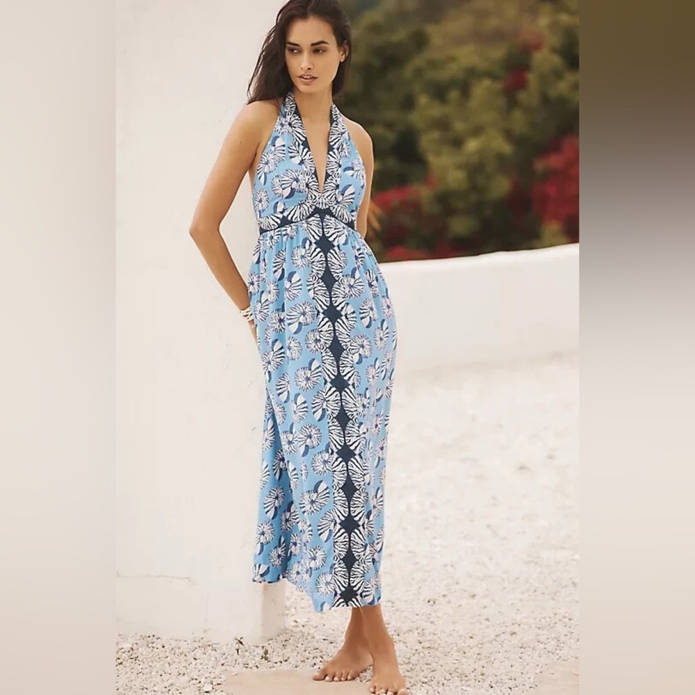 Anthropologie Floral Halter Maxi Dress in Blue